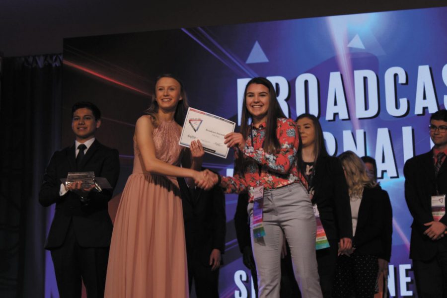 Junior Shelby Van Holland, and seniors Abbie Deng and Hailey Hendry earn 5th place for Broadcast Journalism Apr. 6. Photo courtesy of Gabbie Estep. Photo courtesy of Dawn Danauskas.